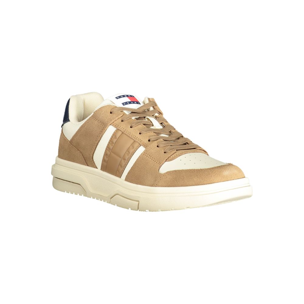 Tommy Hilfiger beige leather men's sneaker with white sole, stylish casual shoe for everyday wear.