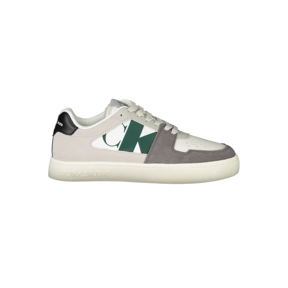 White Calvin Klein men's polyester sneaker with sleek design, featuring a lace-up closure and minimalist style.