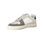 White Calvin Klein polyester men's sneaker with sleek design and lace-up closure, showcasing a modern athletic footwear style.