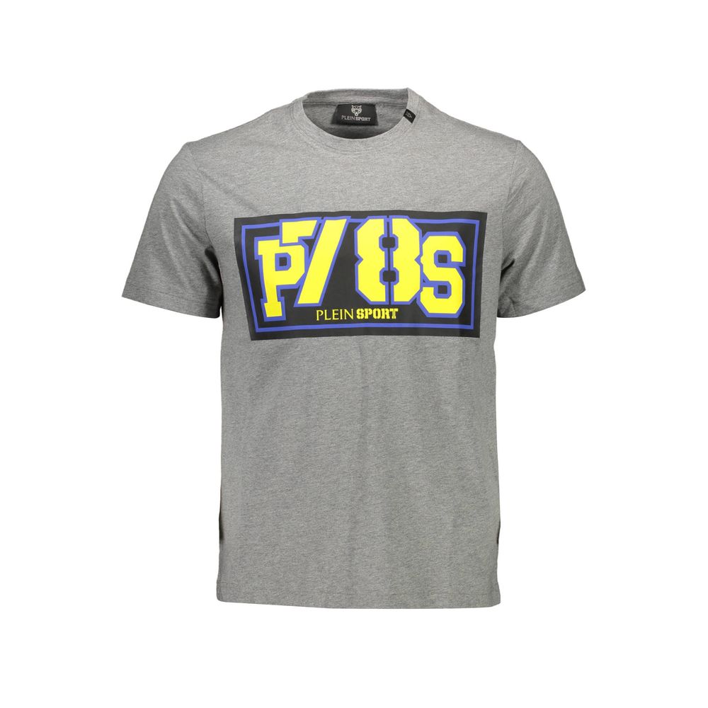 Gray Plein Sport men's cotton T-shirt with round neckline and short sleeves, casual style for everyday wear.