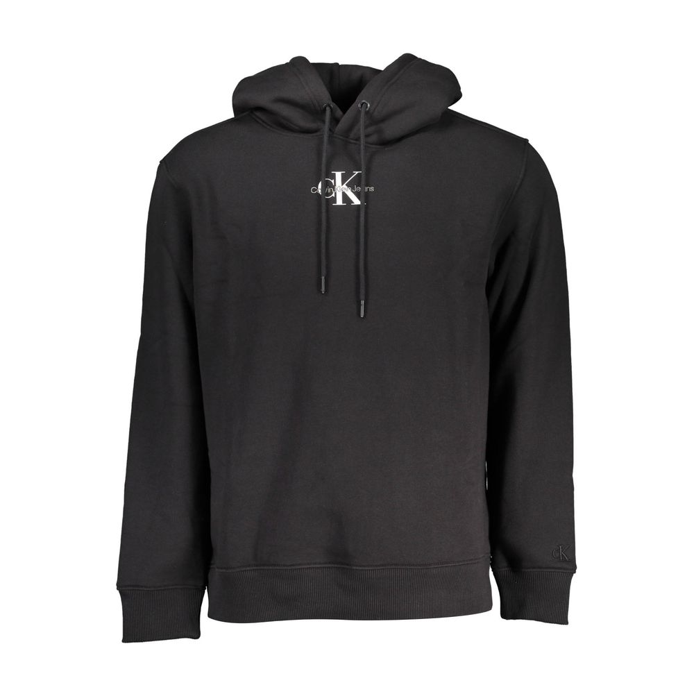 Black Calvin Klein cotton men's sweater hoodie with front pocket and drawstring hood, casual and comfortable for everyday wear.