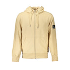 Calvin Klein beige cotton men's sweater with round neckline and long sleeves, casual knit design.