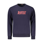 Blue cotton men's sweater by Rifle featuring a classic crewneck design and ribbed cuffs and hem.