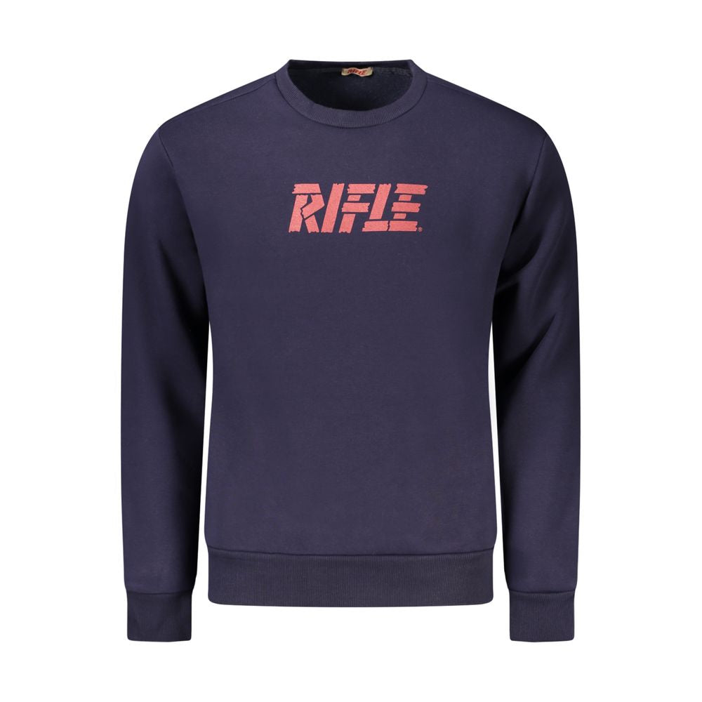 Blue cotton men's sweater by Rifle featuring a classic crewneck design and ribbed cuffs and hem.