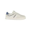 Tommy Hilfiger white polyurethane men's sneaker with sleek design and rubber sole, front view showing laces and branding.