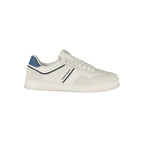 Tommy Hilfiger white polyurethane men's sneaker with sleek design and rubber sole, front view showing laces and branding.