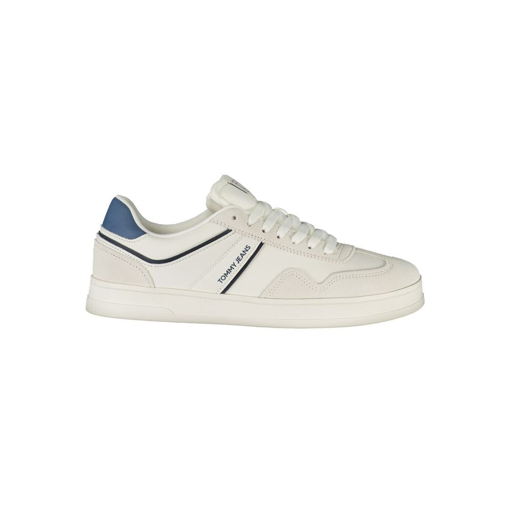 Tommy Hilfiger white polyurethane men's sneaker with sleek design and rubber sole, front view showing laces and branding.