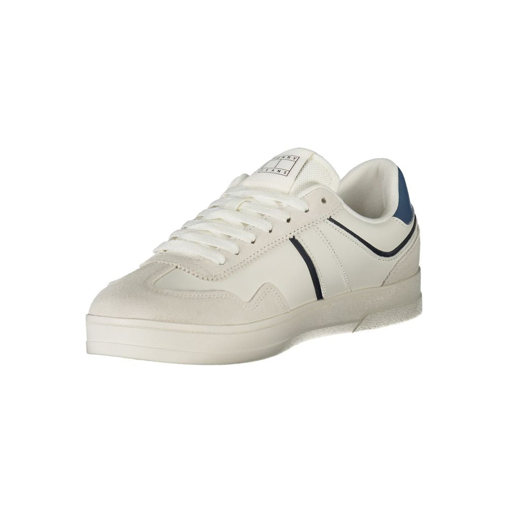 Tommy Hilfiger white polyurethane men's sneaker with sleek design and white laces, casual athletic footwear for everyday wear.
