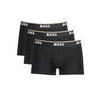 Hugo Boss black cotton men's boxer briefs with elastic waistband and snug fit, front view showing product details.