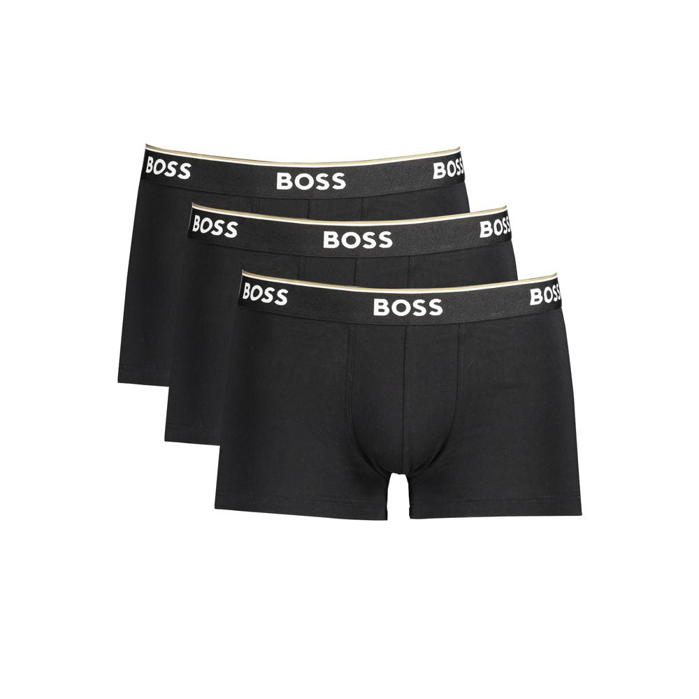 Hugo Boss black cotton men's boxer briefs with elastic waistband and snug fit, front view showing product details.