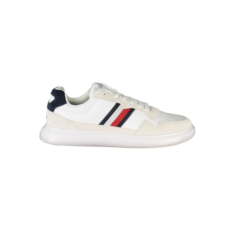 White Tommy Hilfiger men's sneaker made of polyurethane, featuring a sleek design and casual style.