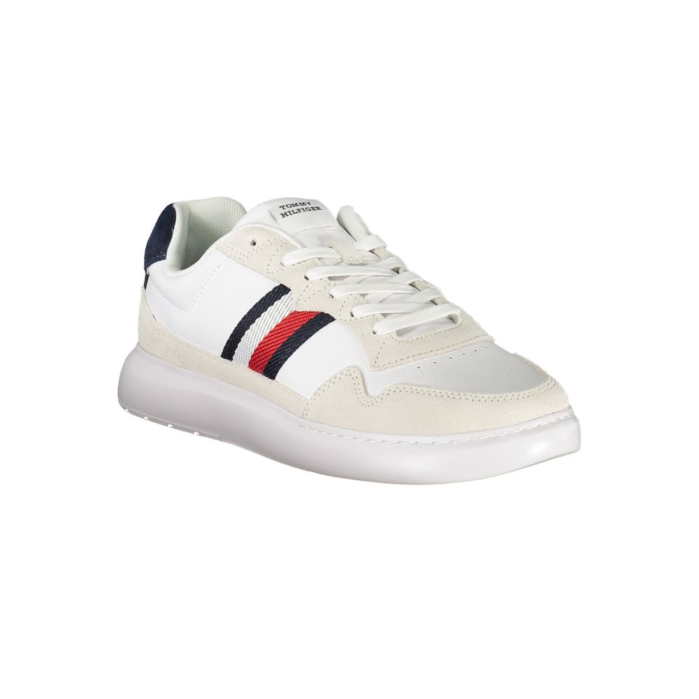 Tommy Hilfiger white polyurethane men's sneaker with sporty design and white laces, stylish casual footwear.