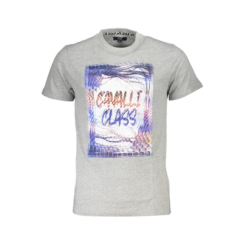 Cavalli Class gray cotton men's T-shirt with round neckline and minimal design, shown on a plain background.