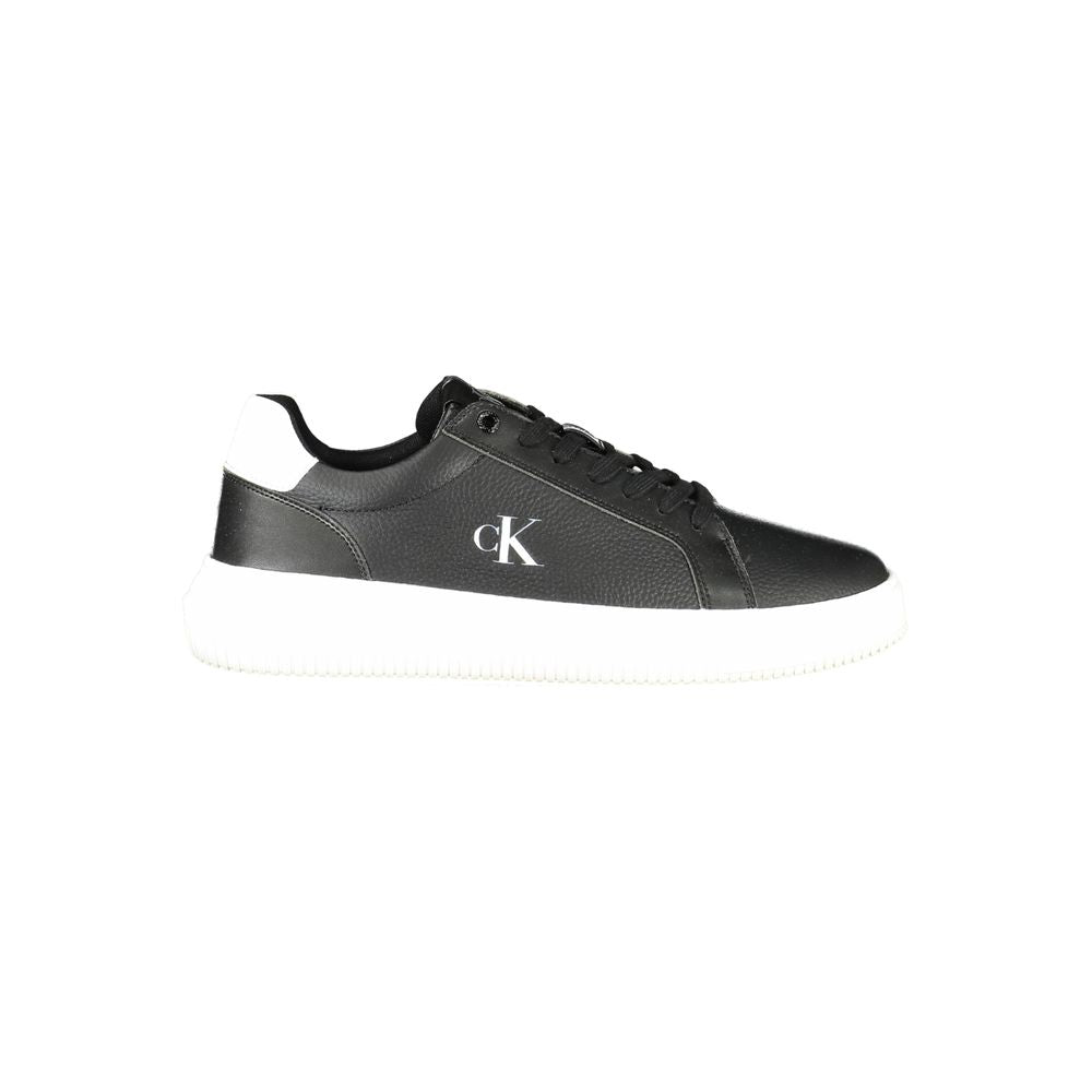 Black leather men's sneaker by Calvin Klein with sleek design and white sole, showcasing the stylish footwear on a clean background.