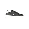 Black leather men's sneaker by Calvin Klein with sleek design and white sole, showcasing the stylish footwear on a clean background.