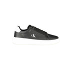Black leather men's sneaker by Calvin Klein with sleek design and white sole, showcasing the stylish footwear on a clean background.