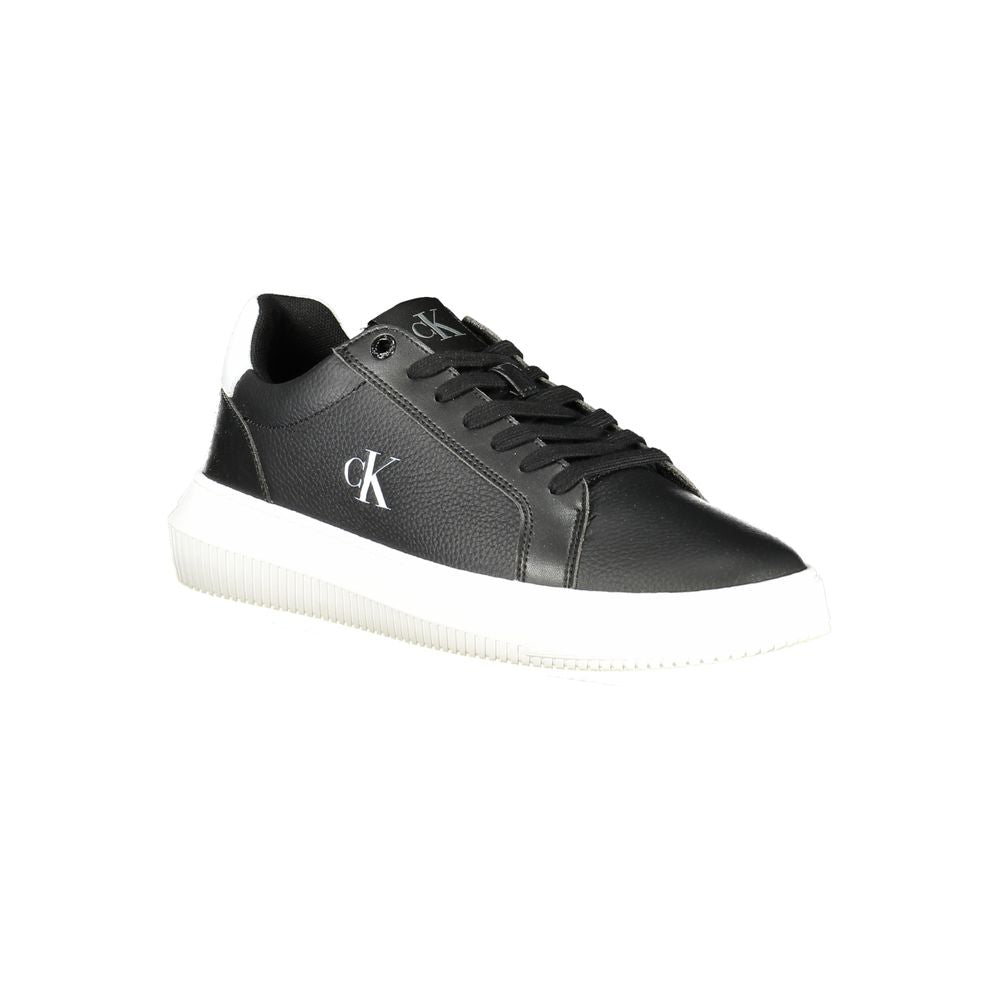 Calvin Klein black leather men's sneaker with sleek design and white sole, showcasing a stylish casual footwear option.