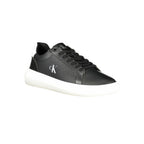 Calvin Klein black leather men's sneaker with sleek design and white sole, showcasing a stylish casual footwear option.
