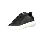 Calvin Klein black leather men's sneaker with sleek design and white sole, showcasing a modern casual footwear style.