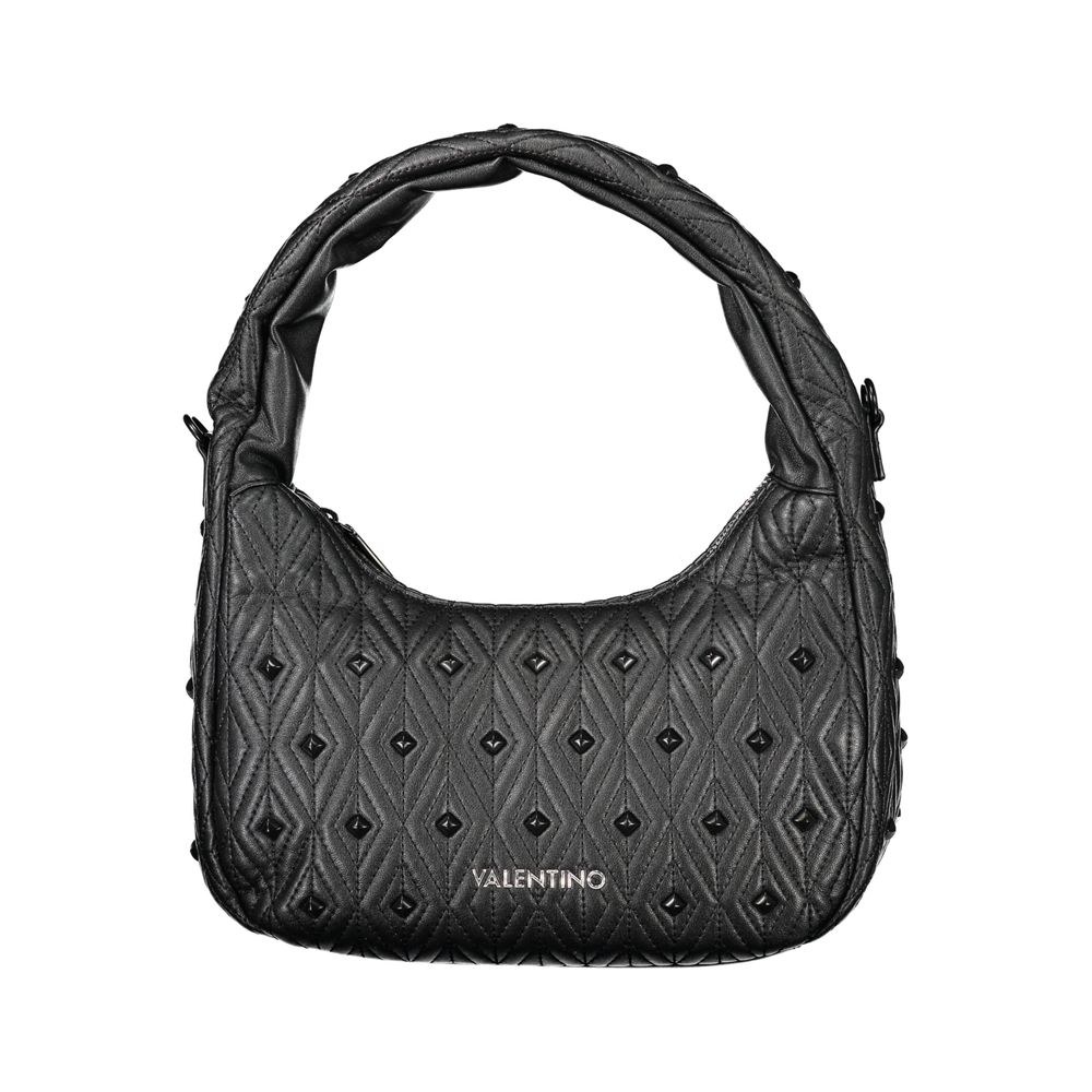 Mario Valentino black polyurethane women's bag with sleek design and top handle, featuring subtle branding and spacious interior.