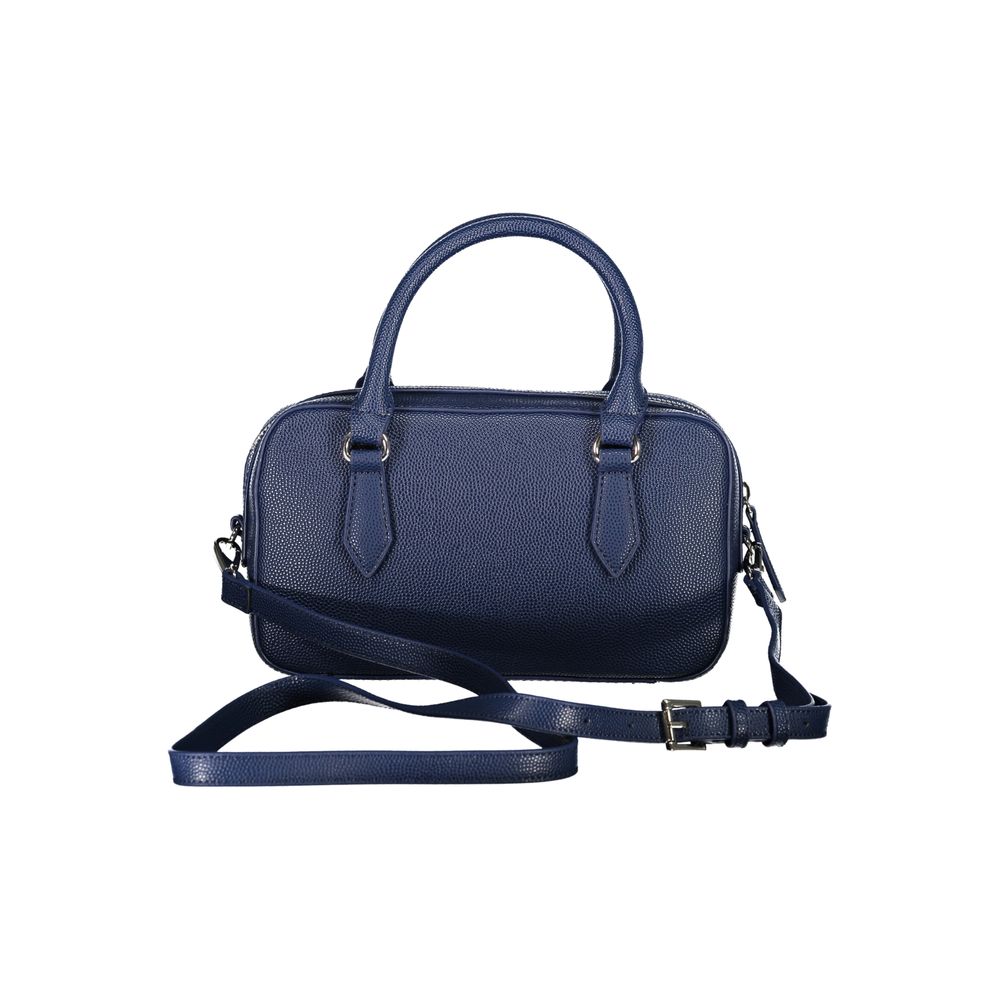 Mario Valentino blue polyurethane women's bag with sleek design and silver hardware, featuring a top handle and adjustable shoulder strap.