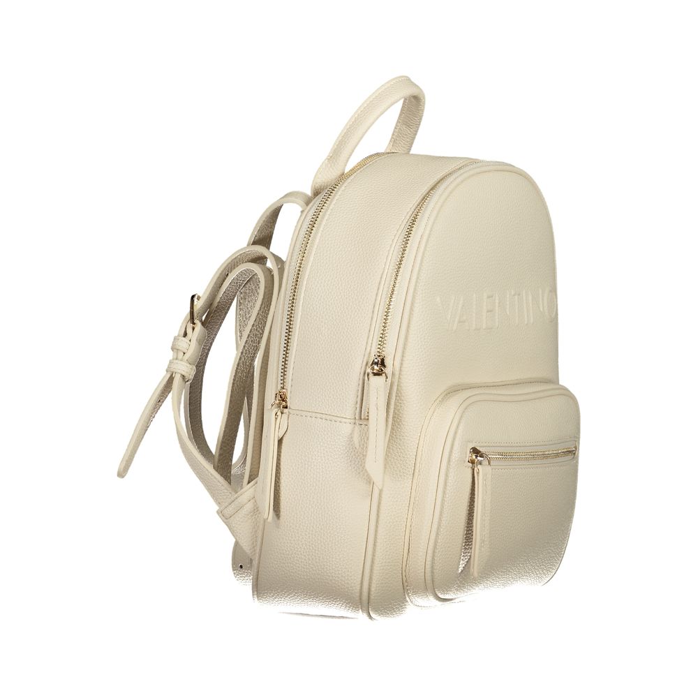 Mario Valentino beige polyurethane women's backpack with adjustable straps and front pocket, stylish and practical.