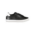 Black leather women's sneaker by Calvin Klein featuring a sleek design and white rubber sole.