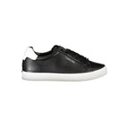 Black leather women's sneaker by Calvin Klein featuring a sleek design and white rubber sole.