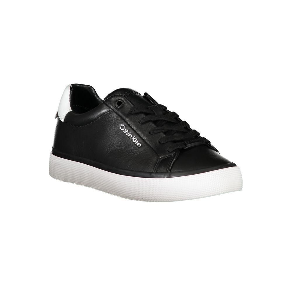 Black leather women's sneaker by Calvin Klein with white rubber sole and sleek modern design.