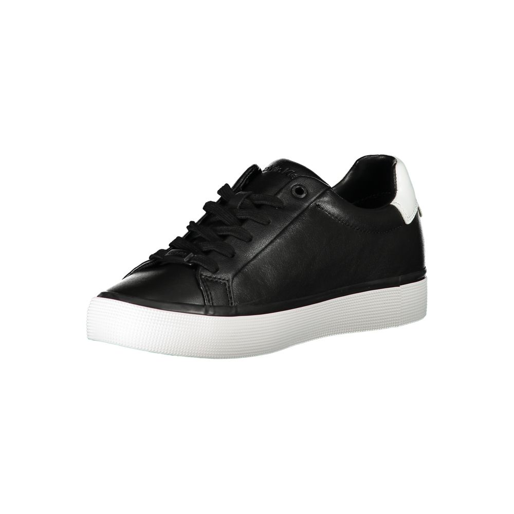 Black leather women’s sneaker by Calvin Klein featuring a sleek design and white rubber sole.