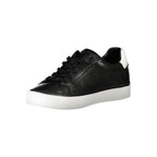 Black leather women’s sneaker by Calvin Klein featuring a sleek design and white rubber sole.