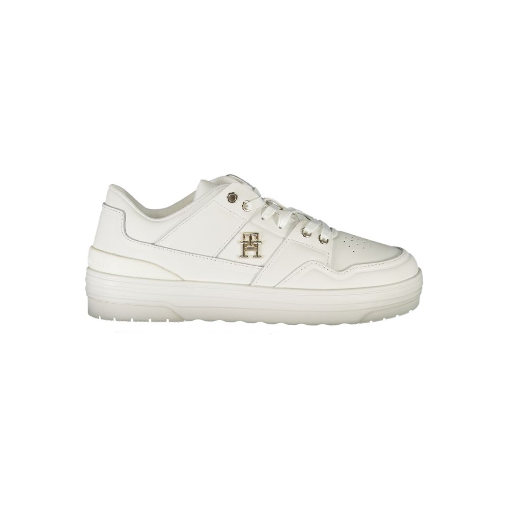 White leather women's sneaker by Tommy Hilfiger with classic design and brand logo on the side.