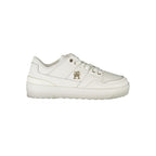 White leather women's sneaker by Tommy Hilfiger with classic design and brand logo on the side.