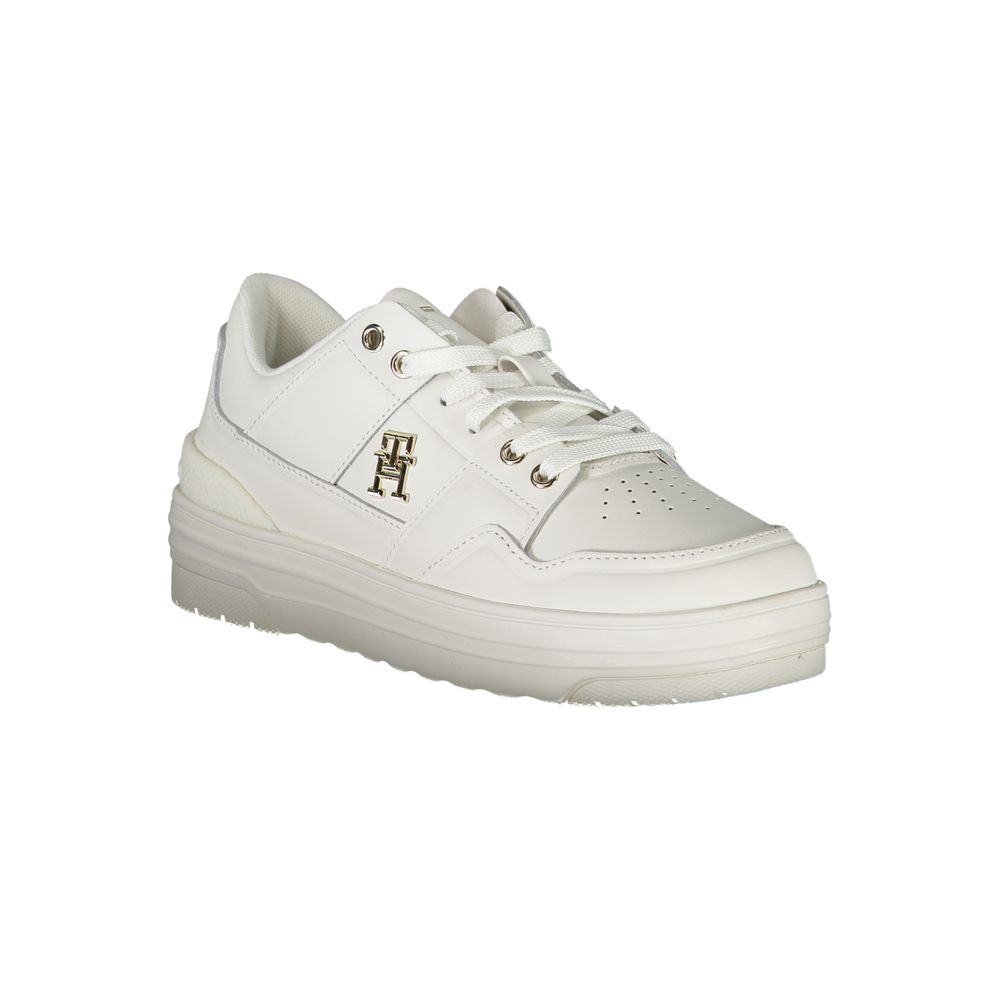 White leather women's sneaker by Tommy Hilfiger featuring a sleek design and classic logo accents.