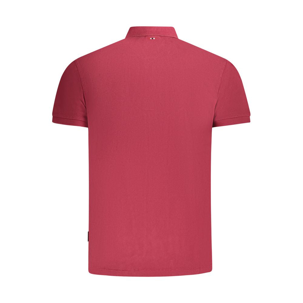 Napapijri Rosso men's cotton polo shirt displayed on a hanger, featuring a classic collar and short sleeves.