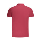 Napapijri Rosso men's cotton polo shirt displayed on a hanger, featuring a classic collar and short sleeves.