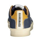 Napapijri blue men's polyester sneaker with white sole and lace-up design, casual athletic footwear for men.