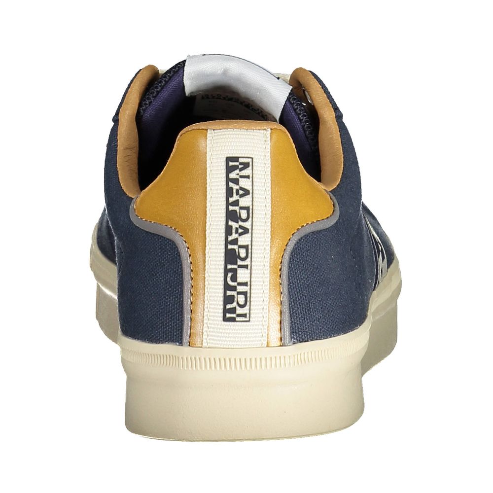 Napapijri blue men's polyester sneaker with white sole and lace-up design, casual athletic footwear for men.