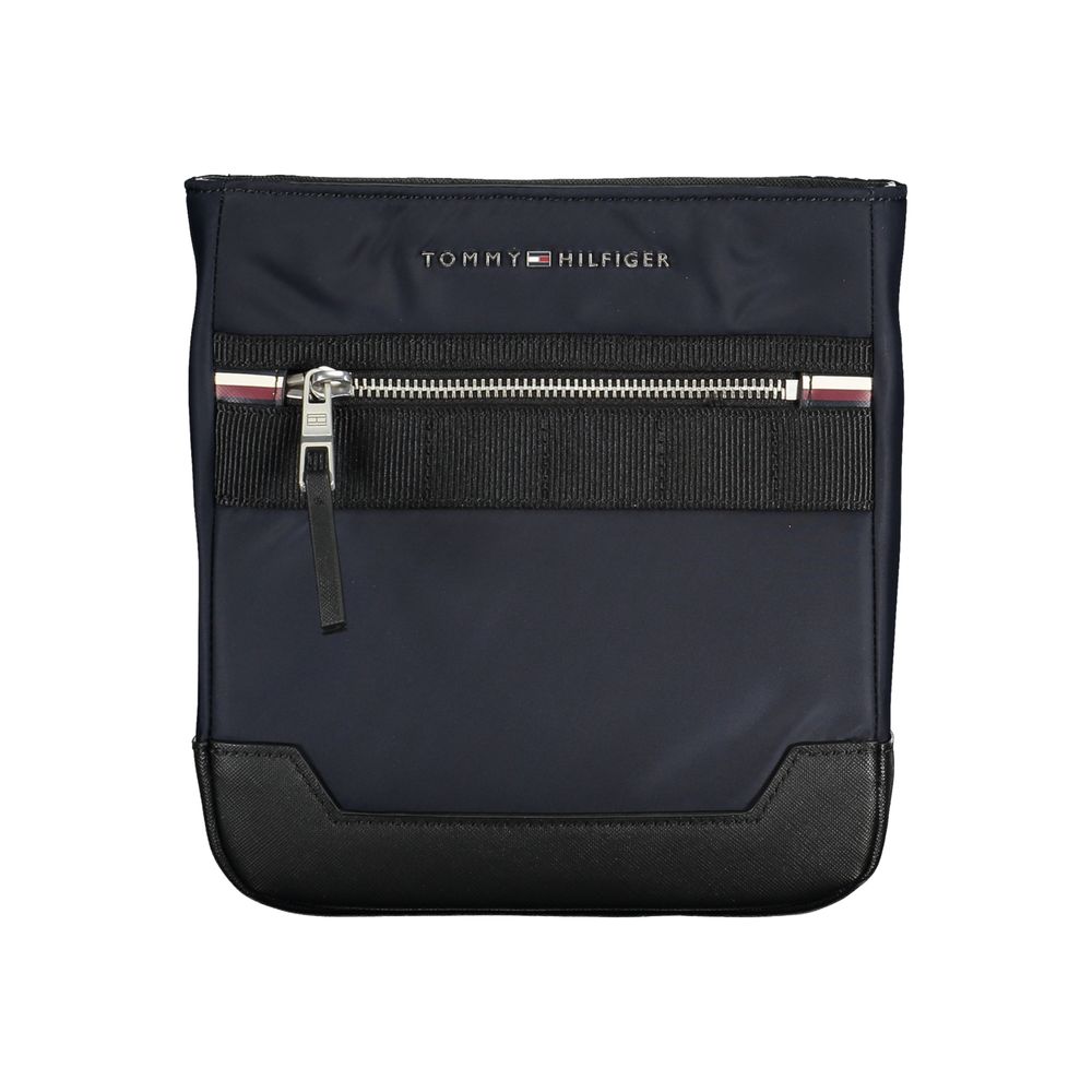 Tommy Hilfiger blue polyester men's shoulder bag with adjustable strap and front logo, casual accessory for everyday use.