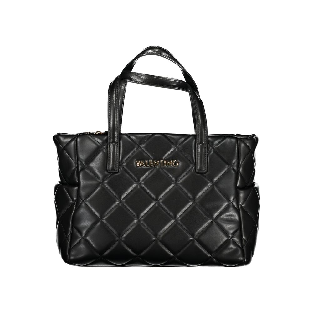 Mario Valentino black polyurethane women's bag with sleek design and structured shape, featuring top handles and subtle branding.