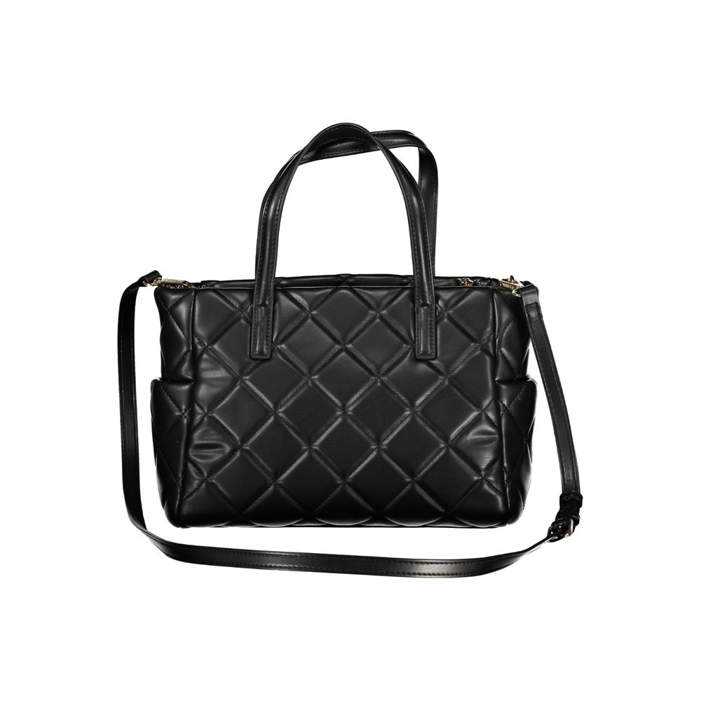 Mario Valentino black polyurethane women's bag with sleek design and top handle, featuring a spacious interior and stylish accents.