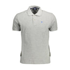 Gray cotton men's polo shirt by North Sails, featuring a classic collar and short sleeves, displayed on a hanger.