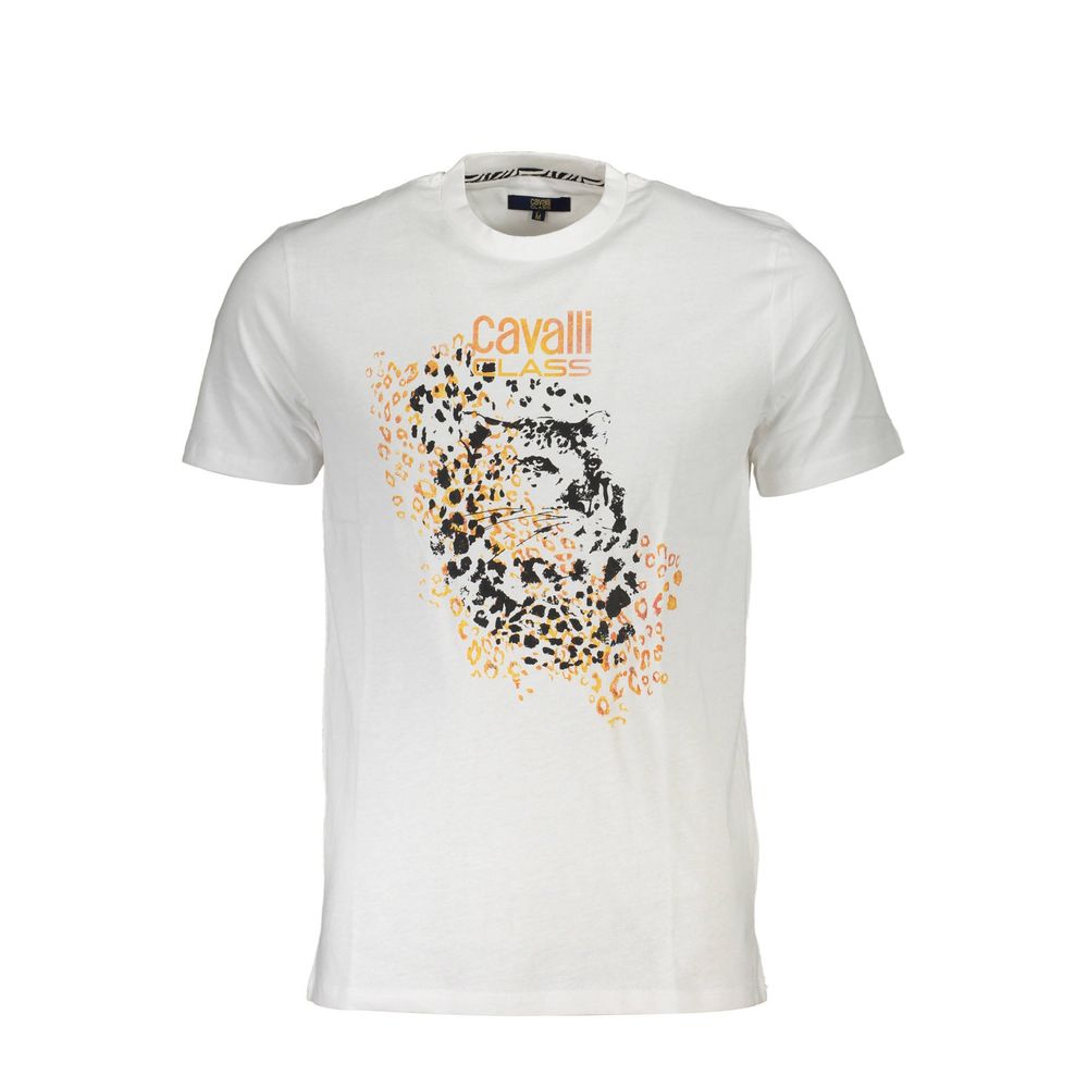White Cavalli Class cotton men's T-shirt with a classic fit and round neckline, shown on a plain background.