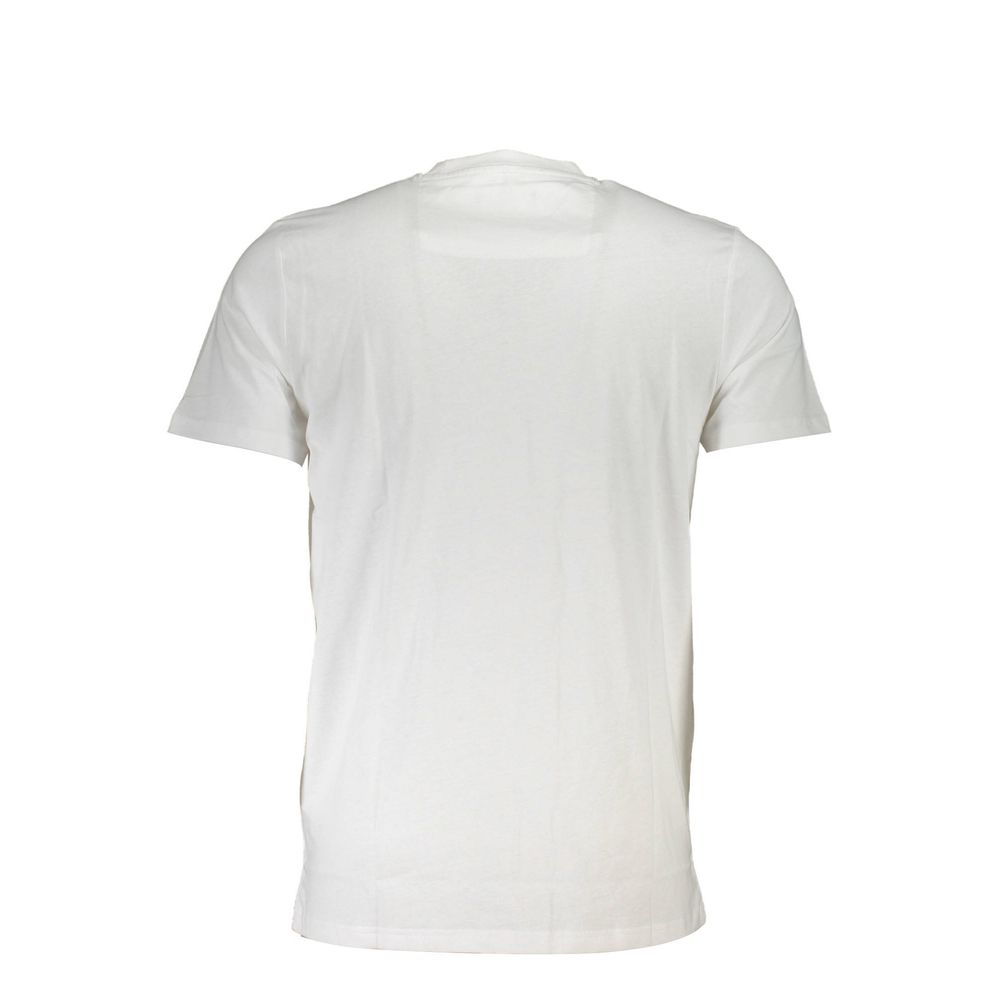 White cotton men's T-shirt by Cavalli Class, featuring a classic fit and crew neckline, displayed flat on a neutral background.