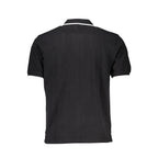 Black cotton men's polo shirt by North Sails, featuring a classic collar and short sleeves, laid flat on a neutral background.