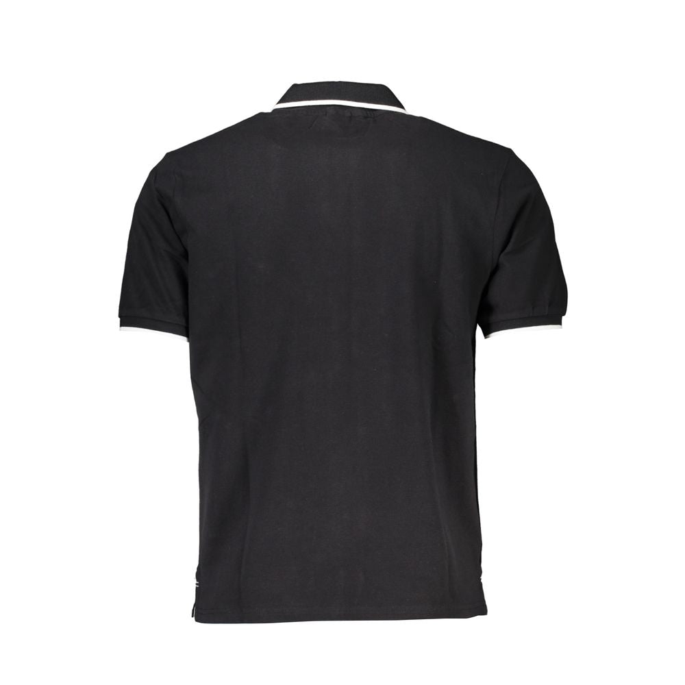 Black cotton men's polo shirt by North Sails, featuring a classic collar and short sleeves, laid flat on a neutral background.
