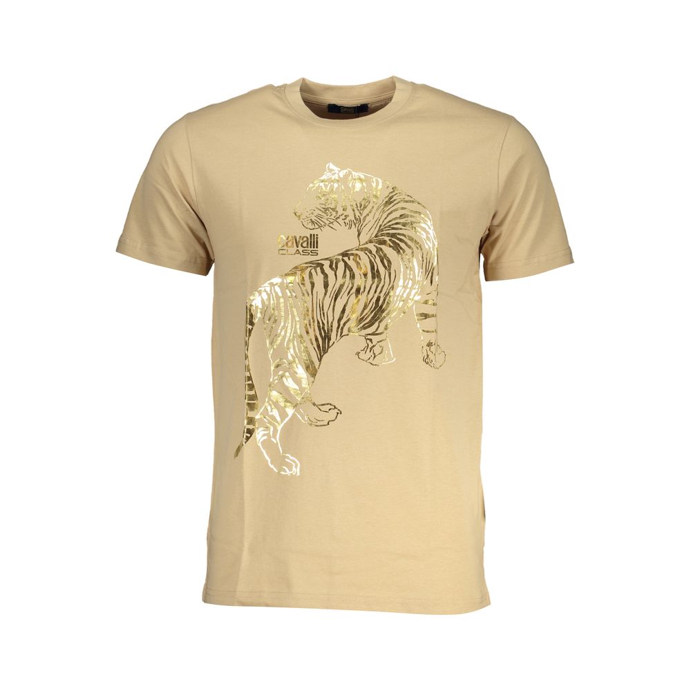 Beige Cavalli Class cotton men's T-shirt with round neckline and short sleeves, casual style.