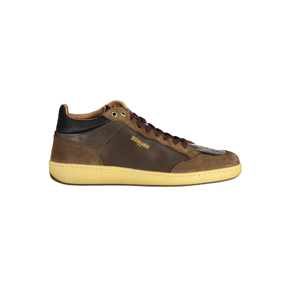 Brown leather men's sneaker by Blauer, featuring stylish design and durable construction, shown in a close-up image.