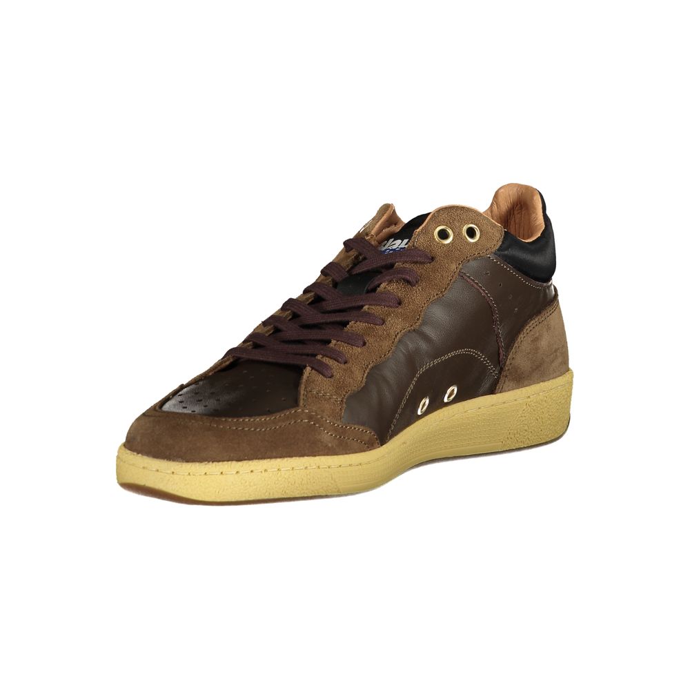 Brown leather men's sneaker by Blauer showing a sleek design with laces and a rubber sole.