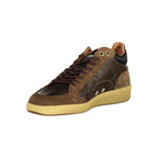 Brown leather men's sneaker by Blauer showing a sleek design with laces and a rubber sole.